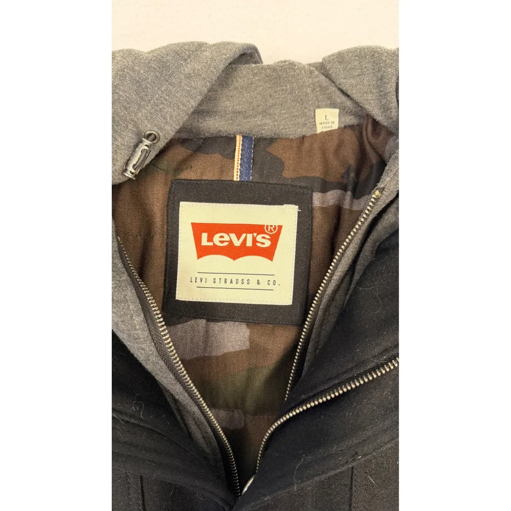 Levi's Mens Wool Blend Field Jacket Black Grey Hooded Military Coat Large Camo